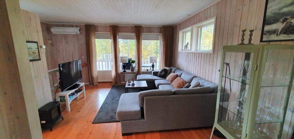 伊德勒Fjällstuga i Foskros m bastu的带沙发和电视的客厅