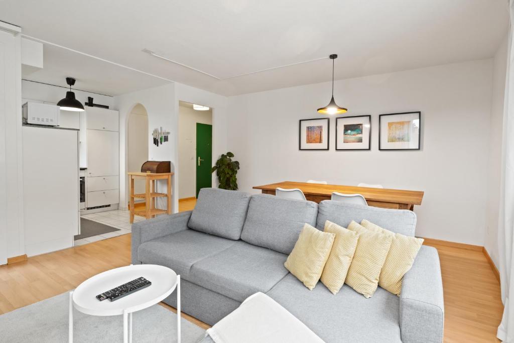 卢塞恩Bright, Central & Modern apartment的客厅配有灰色的沙发和桌子
