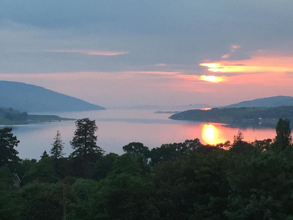 LeckmelmLoch Broom Cabins Seaviews& Petfriendly的树上一排日落