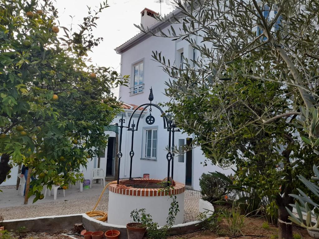 皮亚斯Pias Guesthouse的前面有树木的白色房子