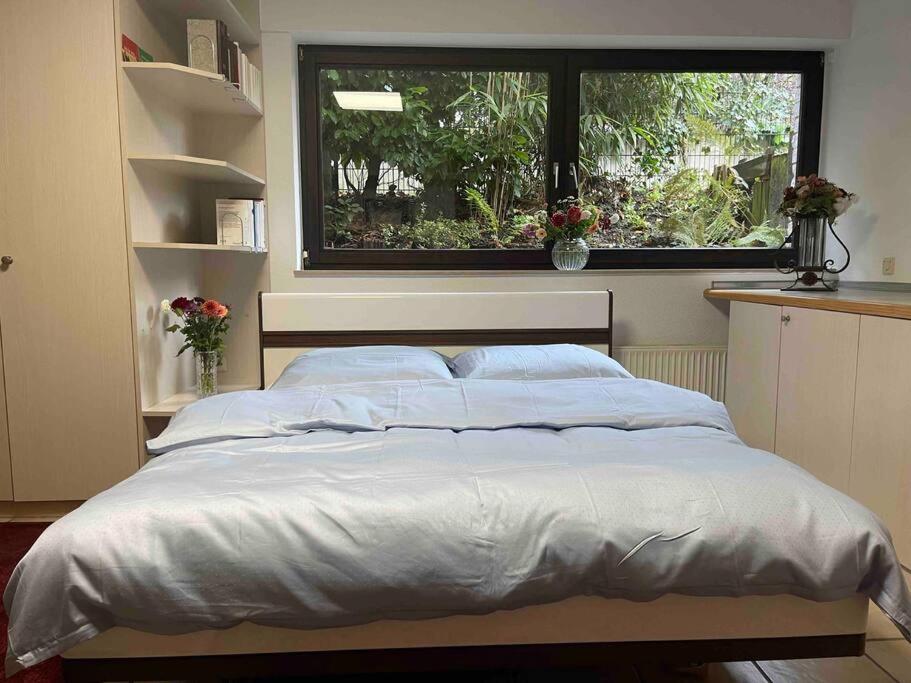 杜塞尔多夫Schöne ruhige Wohnung (42qm) in Messenähe!的卧室内的一张床铺,设有大窗户
