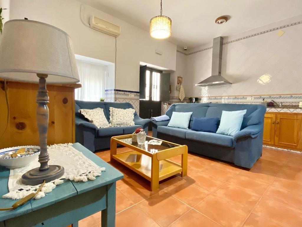El CampoCasa Rural La abuela的客厅配有蓝色的沙发和桌子
