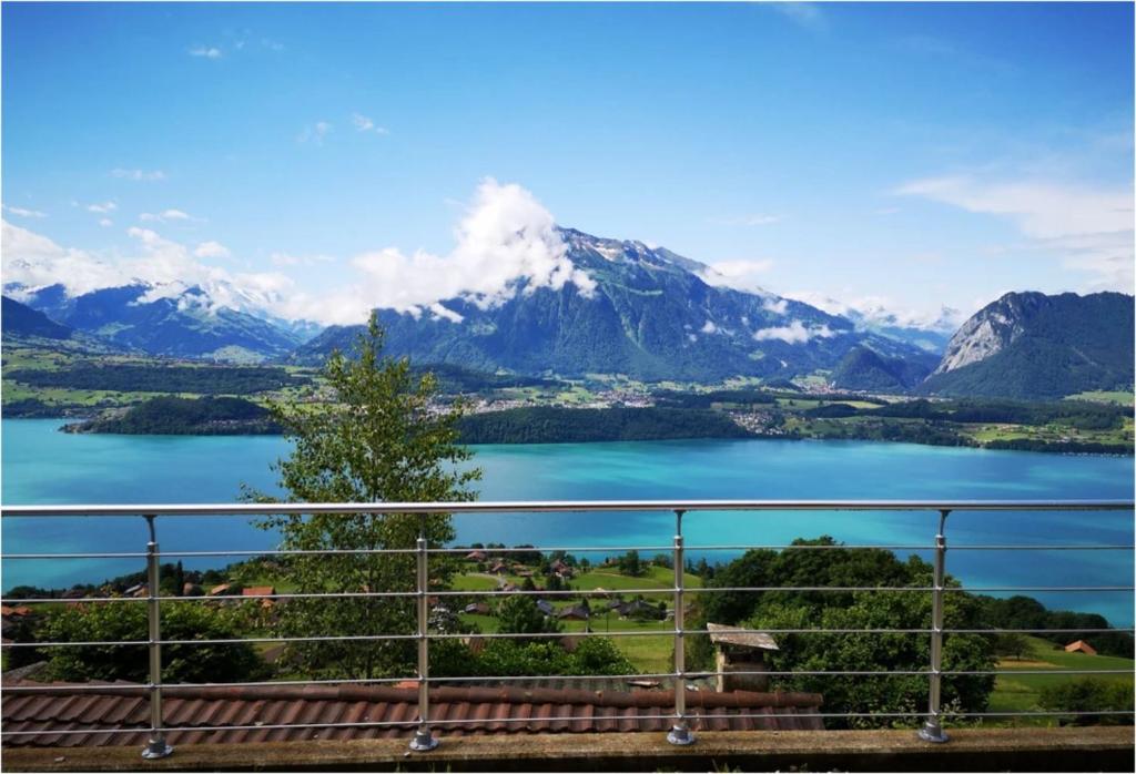 锡格里斯维尔Chalet with view of the mountains and the Thun lake的享有湖泊和山脉的美景。