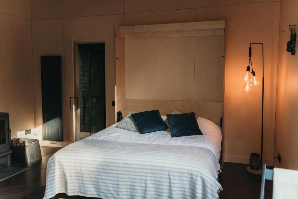 利加特内Briežu Stacija Off Grid Cabin的一间卧室配有一张大床和两个蓝色枕头