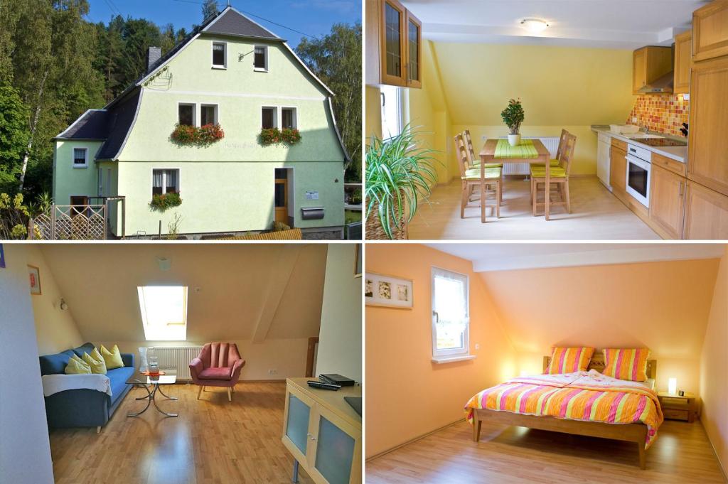 巴特施莱马Ferienwohnung Brandmuehle的房屋和房间四张不同的照片