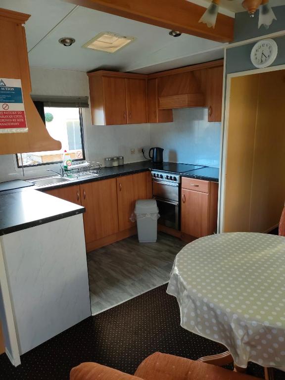 凯恩莱安Cairnryan Heights t-a Brae Holiday Homes的厨房配有木制橱柜和桌子。