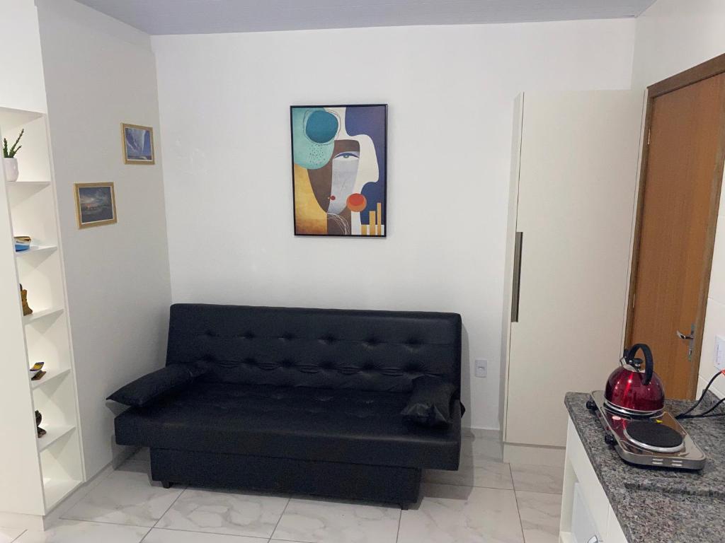 弗洛里亚诺波利斯Residencial Campeche的客厅里一张黑色的沙发,上面有绘画作品