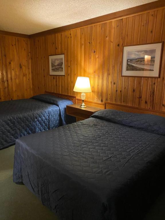 海恩斯章克申冰川景观酒店的配有木墙和灯的客房内的两张床