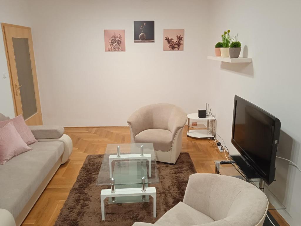杰尔Family apartment-családias hangulat的客厅配有沙发、两把椅子和电视