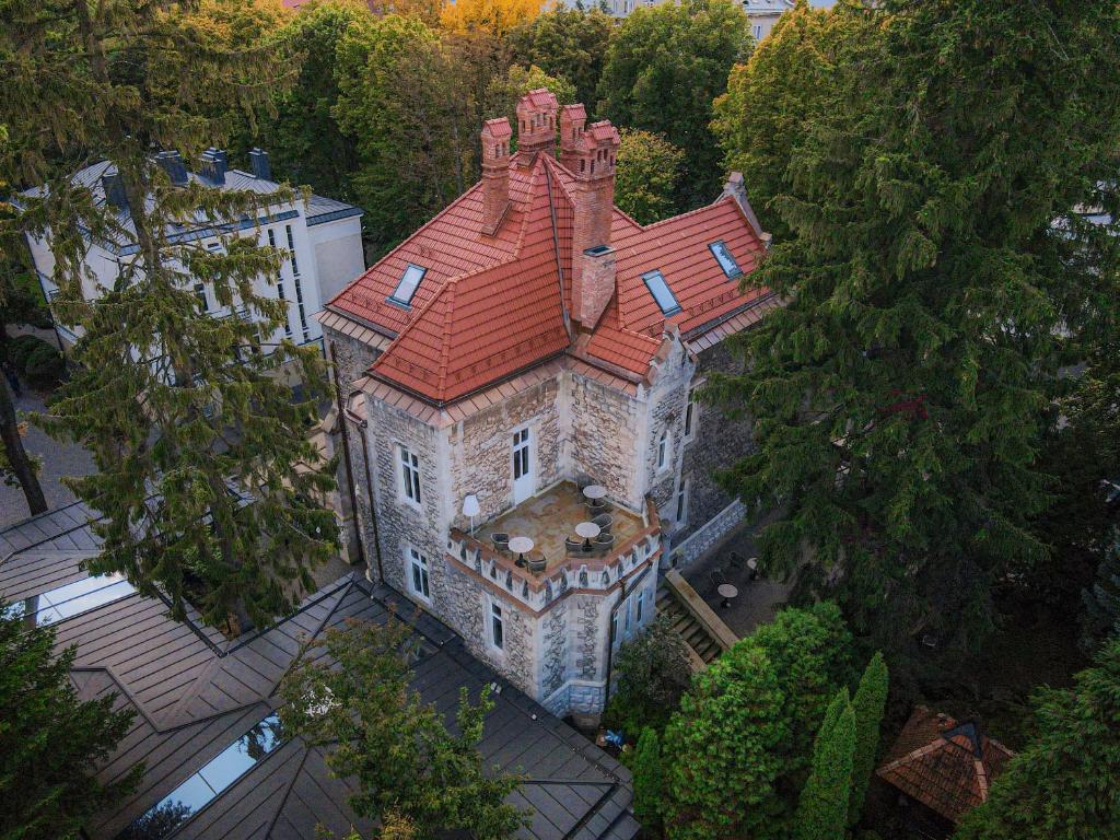 利沃夫狮子城堡酒店的享有城堡的空中景致,设有红色屋顶