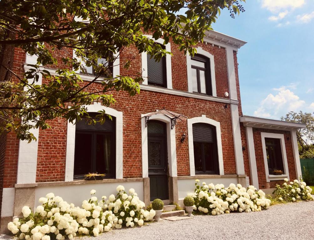 Lys-lès-LannoyLa Villa des Roses - Suite & Spa的前面有白色花的砖房