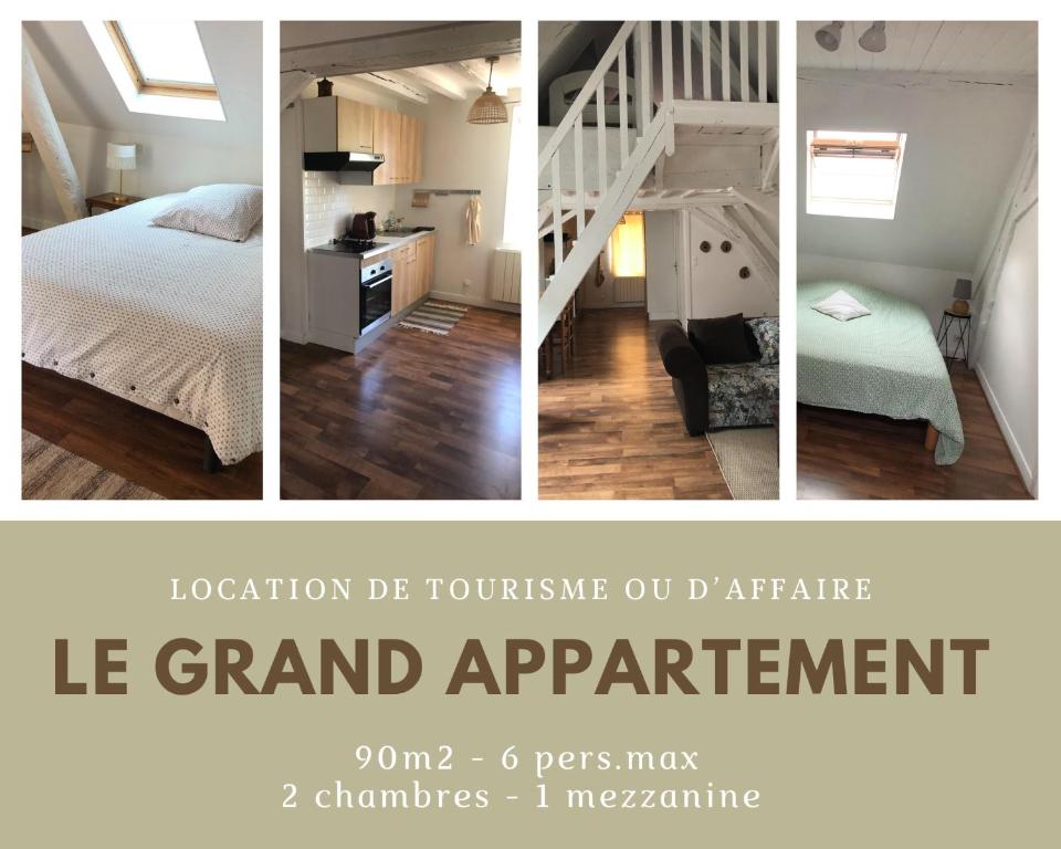 罗莫朗坦Le Grand Appartement - 90m2- 2 chb , 1 mezzanine - 6pers的卧室和楼梯的四幅照片拼贴