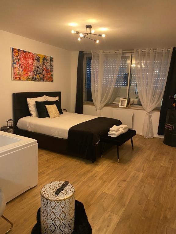 贝桑松L’appart[é] BLACK superbe appartement pop !的一间卧室设有一张大床和两个窗户。