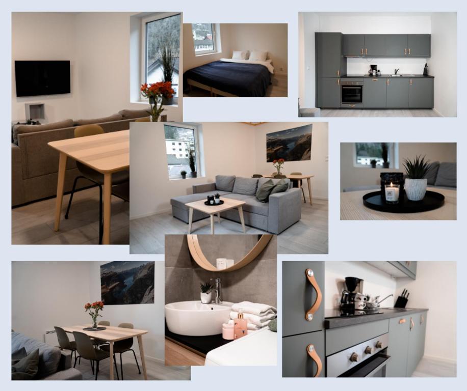 奥达Trolltunga Odda Apartments的客厅和厨房的照片拼合在一起