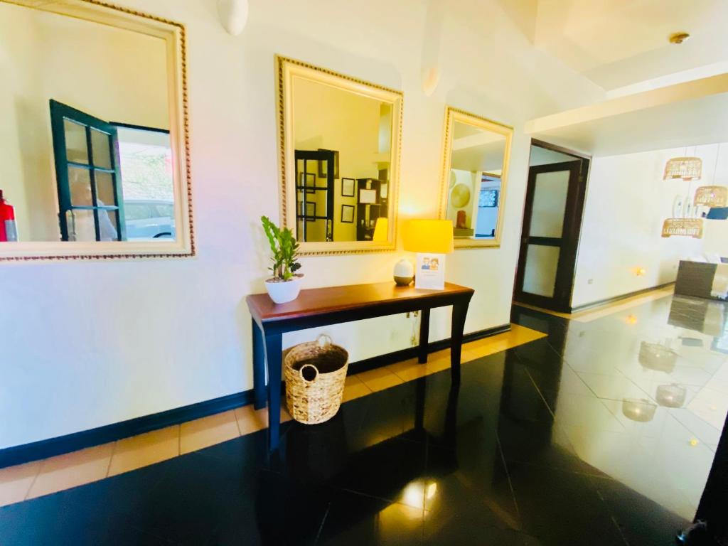 阿拉胡埃拉Hotel Mango Airport的配有桌子和镜子的房间