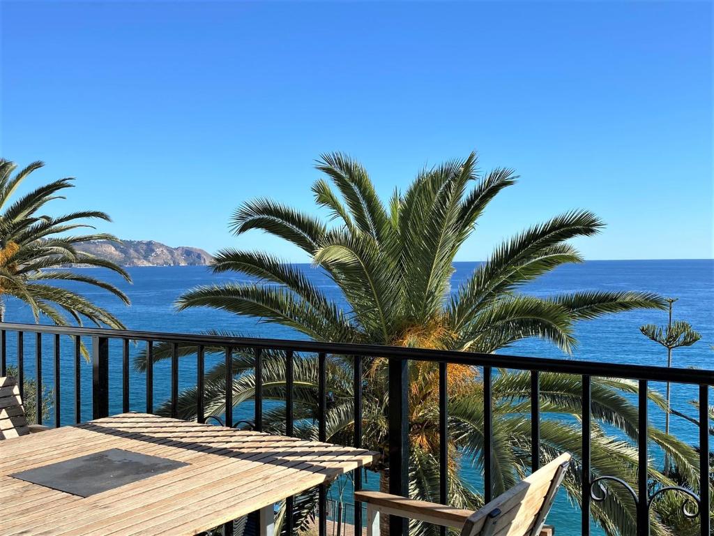 内尔哈Tuhillo 2D Seaview Apartments Casasol的阳台享有大海和棕榈树的景致。
