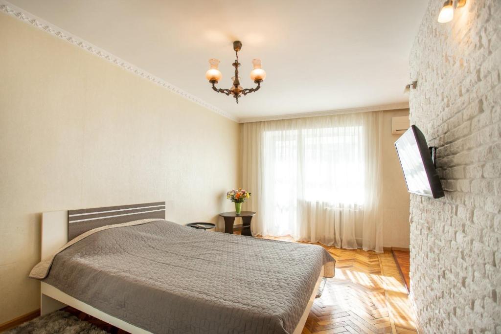 尼古拉耶夫Уютная квартира в центре的一间卧室设有一张床和一个大窗户