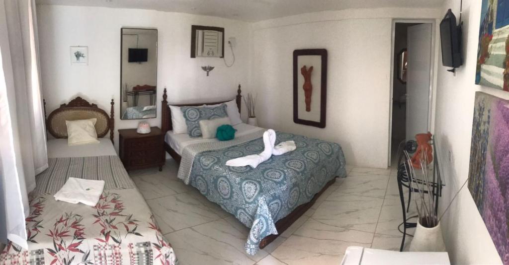 贝泽罗斯Pousada Brasil Tropical的一间卧室配有两张床和镜子