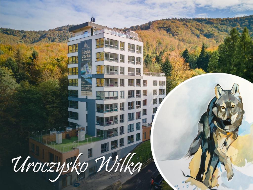 PorąbkaApartament Spokoloko Kurort Kozubnik Uroczysko Wilka的建筑前的狼画