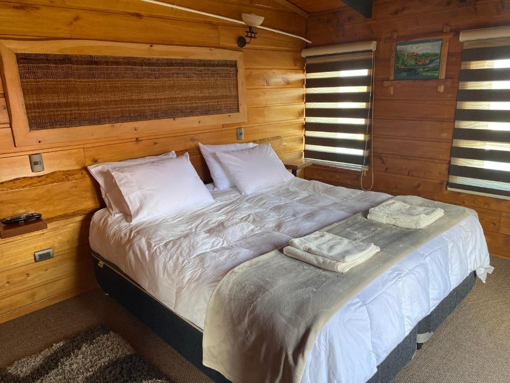 Río BuenoHostal Caulle的小木屋内一间卧室,配有一张床