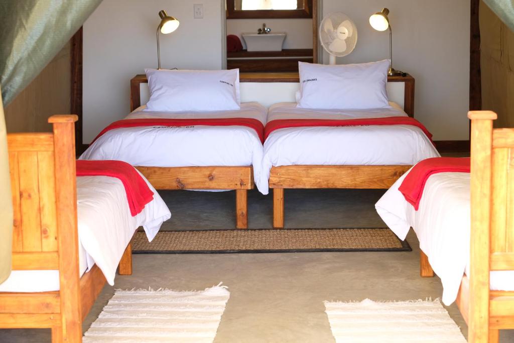 KamanjabPalmwag Camping2Go的一间卧室设有两张单人床和一面镜子