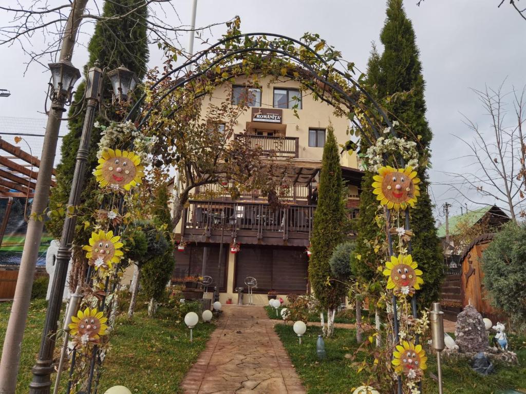 莫伊西德约斯Romanita Holiday Club的一座花园,位于一座向日葵屋前