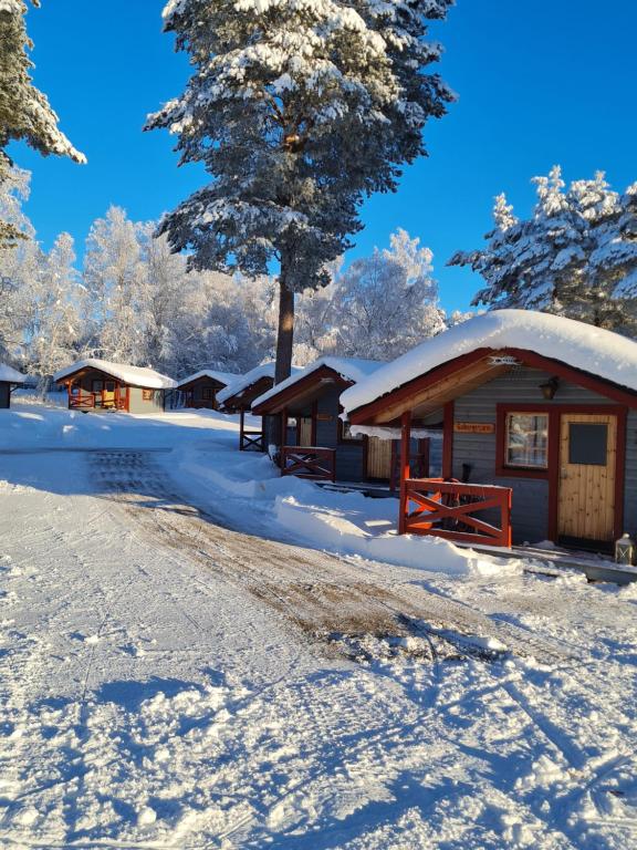 HedeSonfjällscampen的铺在雪中的道路旁的小屋