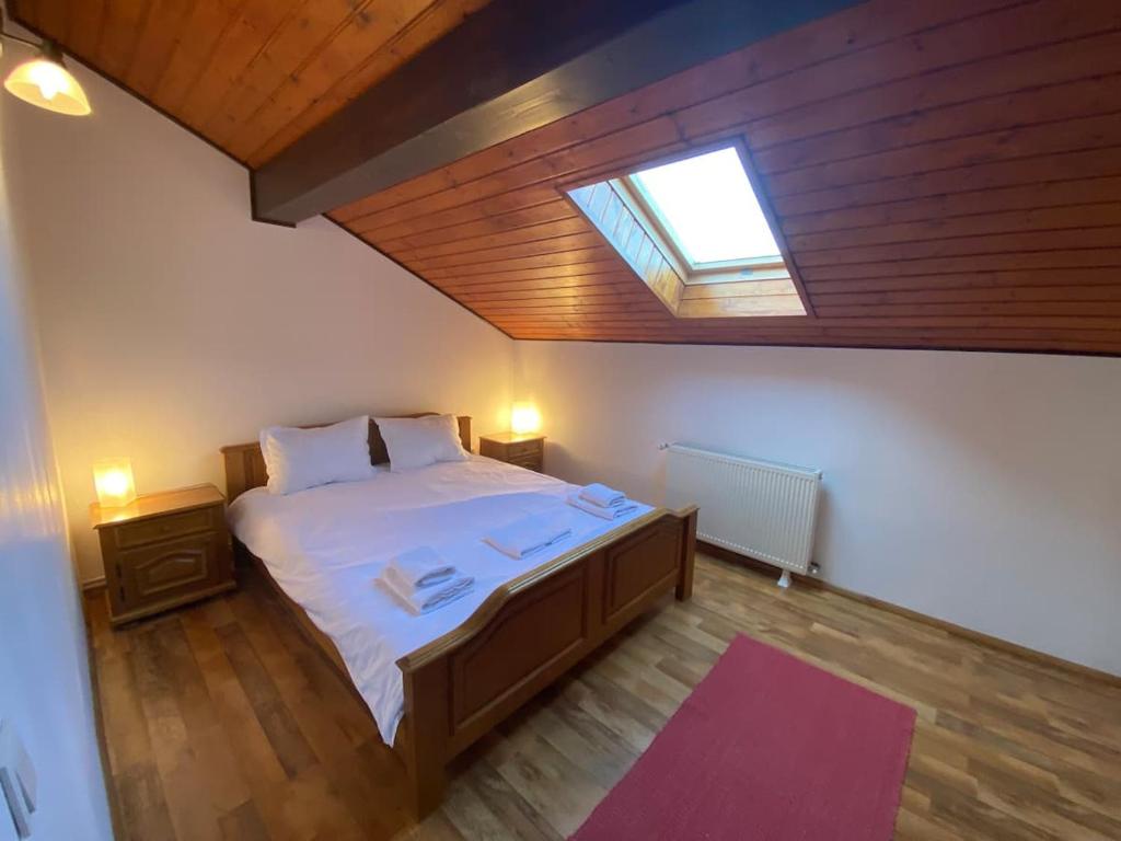 锡尔内亚Sirnea Chalet的一间卧室配有一张带天窗的大床