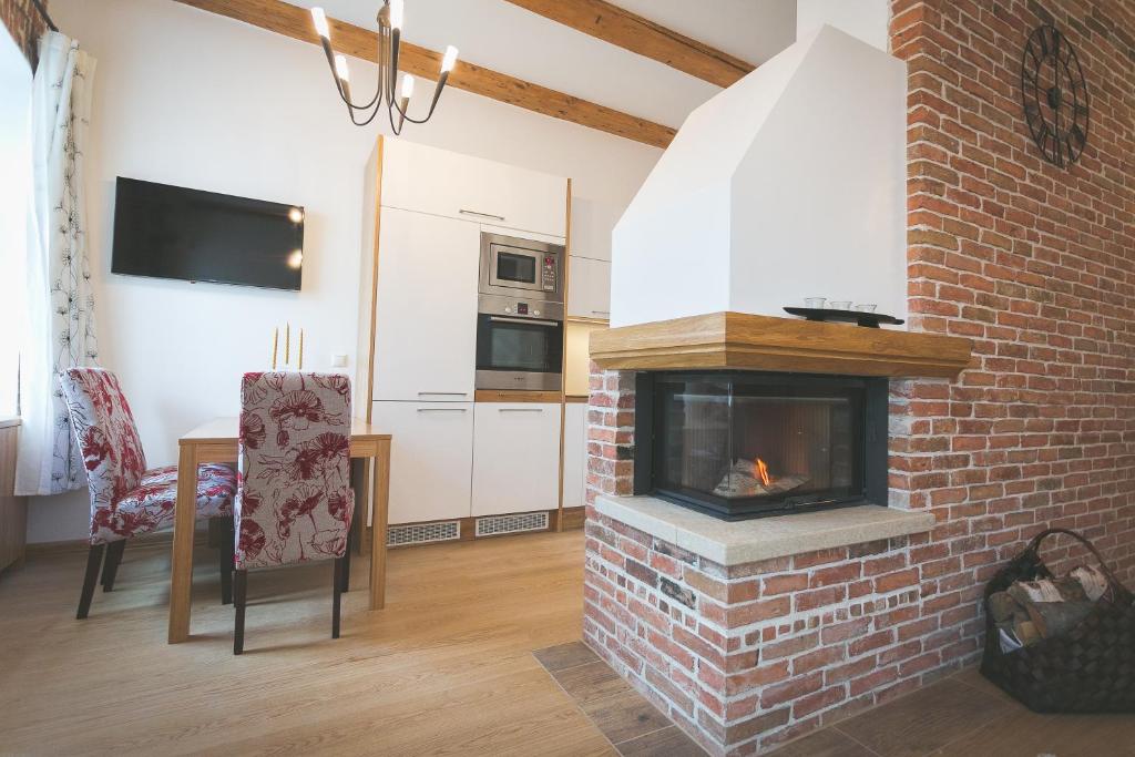 库雷萨雷阿林娜格斯特公寓的客厅设有砖砌壁炉,毗邻厨房