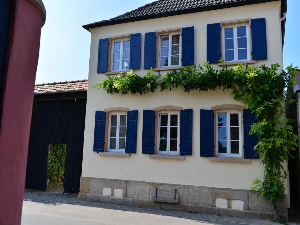 Weisenheim am SandGästehaus & Weingut GEHRIG的大楼内有蓝色百叶窗的房子