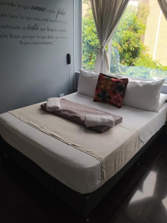 麦德林Hotel Aura Medellin的一张带白色枕头的床和一个窗户