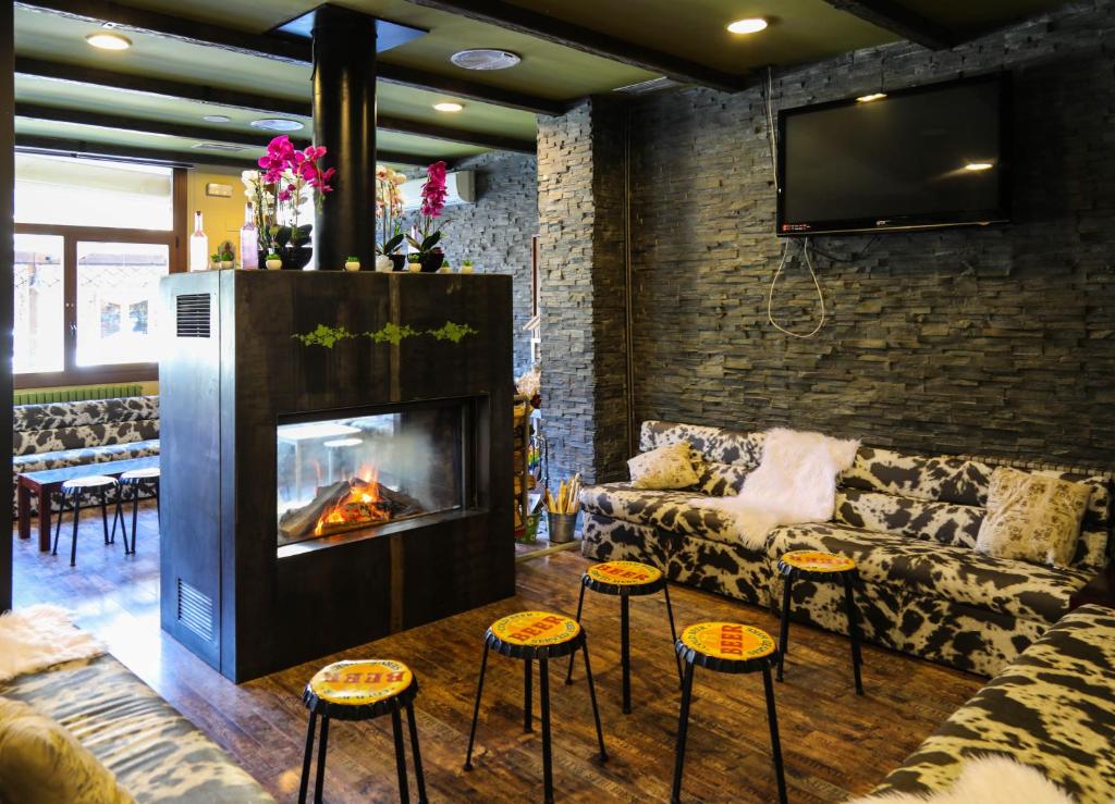 埃斯特里-德阿内乌瓦尔德阿内乌酒店的带沙发和壁炉的客厅