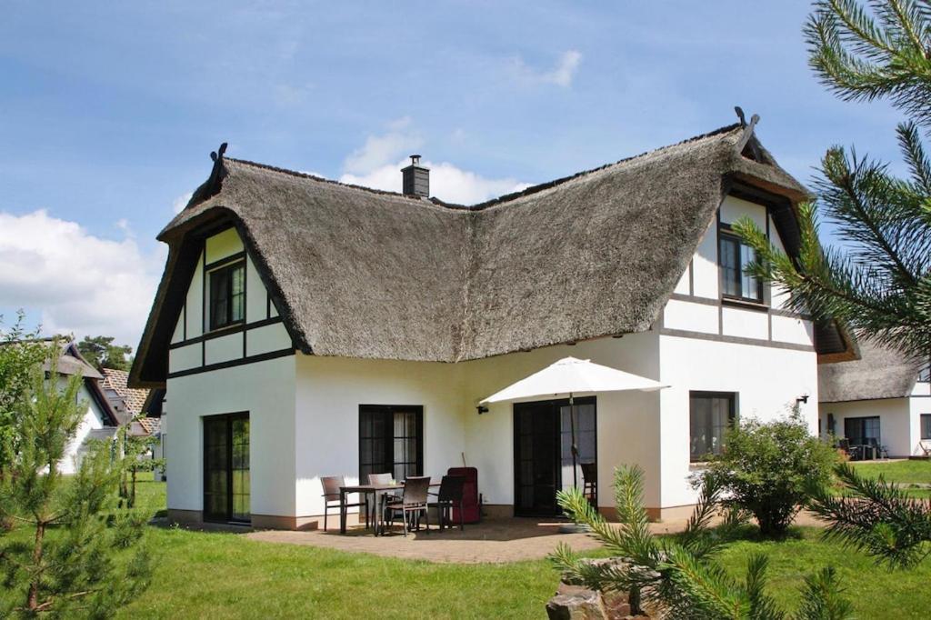 ZirchowHoliday home in Zirchow的一座带茅草屋顶的大型白色房屋