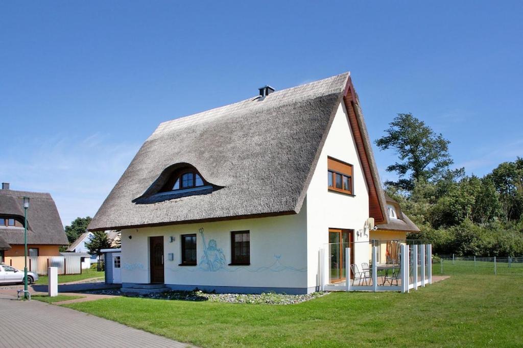 维埃雷格Ferienhaus Poseidon mit Meerblick am Breetzer Bodden in Vieregge的白色的茅草屋顶房屋