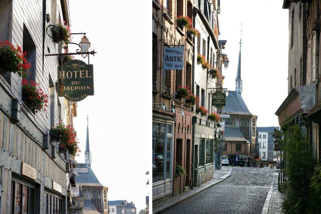 翁弗勒尔Hotel Le Dauphin的城市一条空街道的两张照片
