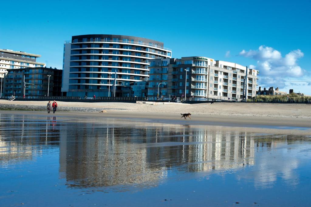 奥斯坦德奥斯坦德瓦亚木多酒店的一个人在拥有建筑物的海滩上行走狗