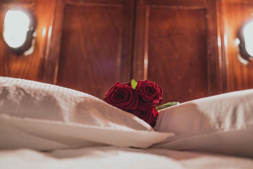 Merbes-le-ChâteauLe Damona的床上一束红玫瑰
