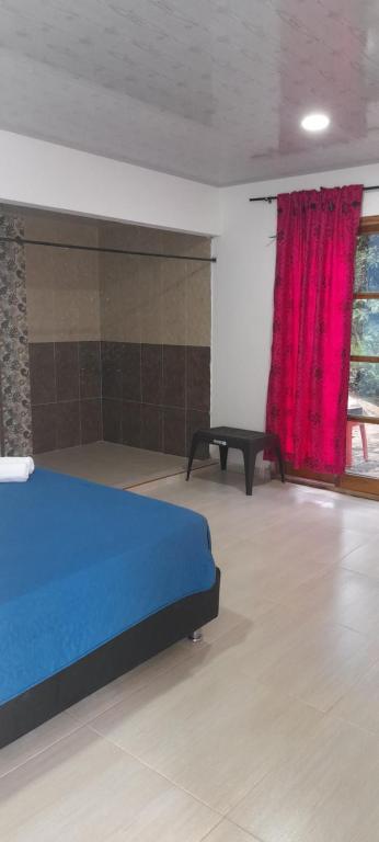 圣玛尔塔EcoHostal Tierra Prometida的一间卧室配有蓝色的床和红色窗帘