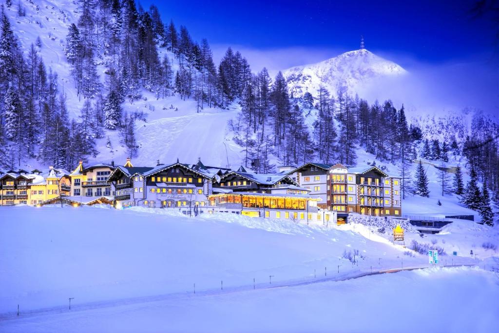 上陶恩Appartement & Suiten Hotel Glöcknerin的雪中与山间度假酒店