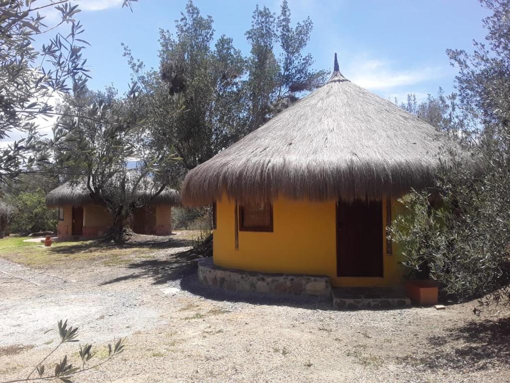 莱瓦镇Habitación Ancestral Sol Muisca的茅草屋顶的黄色小房子