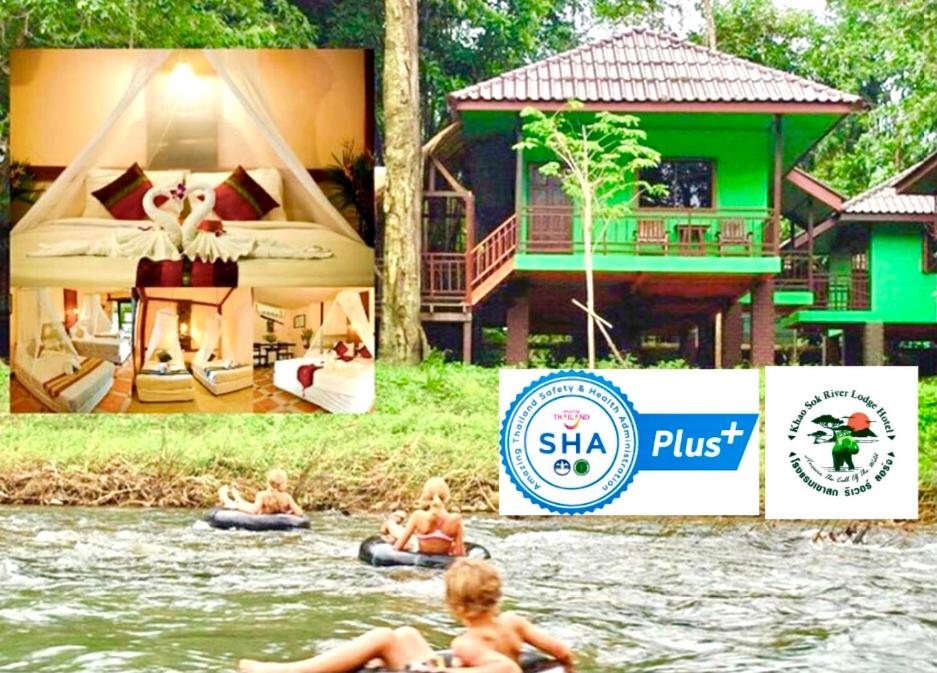 考索Khao Sok River Lodge Hotel的两幅房子前面的水中儿童的照片