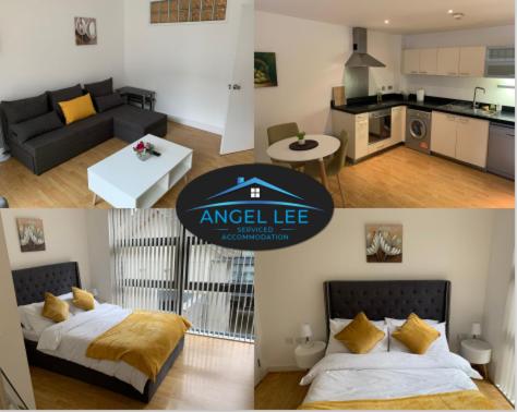 伦敦Angel Lee Serviced Accommodation, Diego London, 1 Bedroom Apartment的客厅和厨房的照片拼合在一起