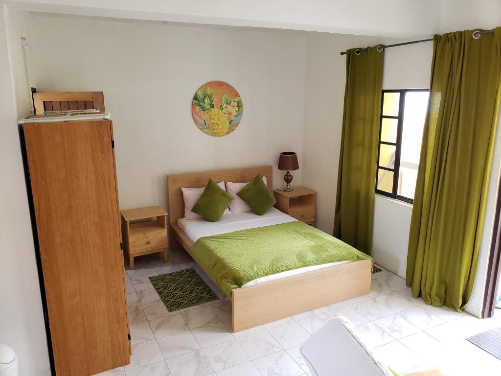 CanouanBay View Studio Apartment 3B - Canouan Island的一间卧室配有一张带绿色床单的床和一扇窗户。