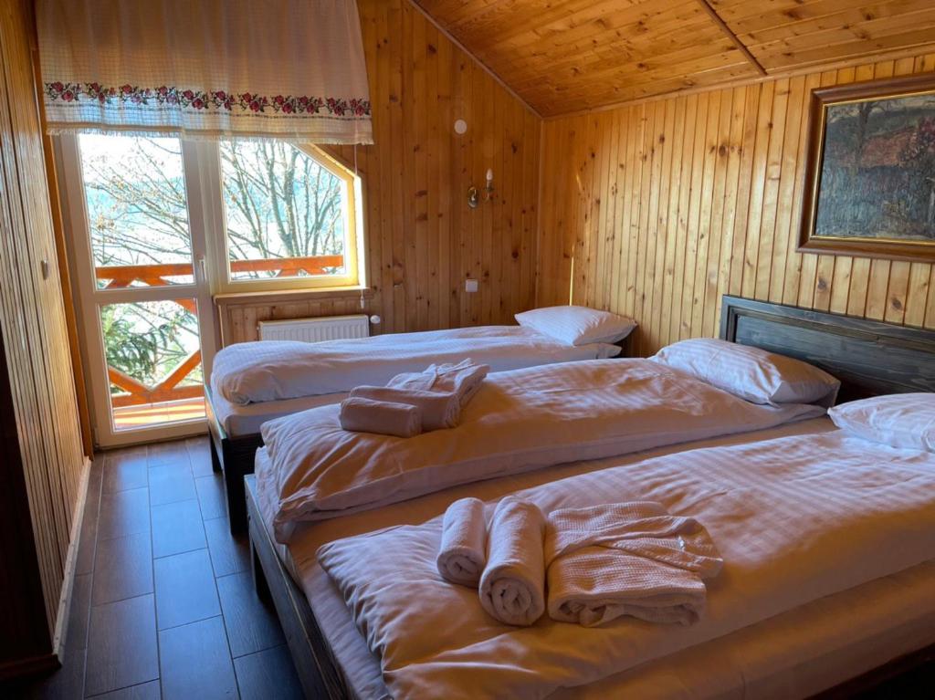 帕利亚尼西亚Villas by Vysche Neba的小木屋内一间卧室,配有两张床
