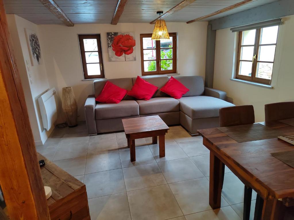 昂特赞Petite maison alsacienne的客厅配有沙发和桌子