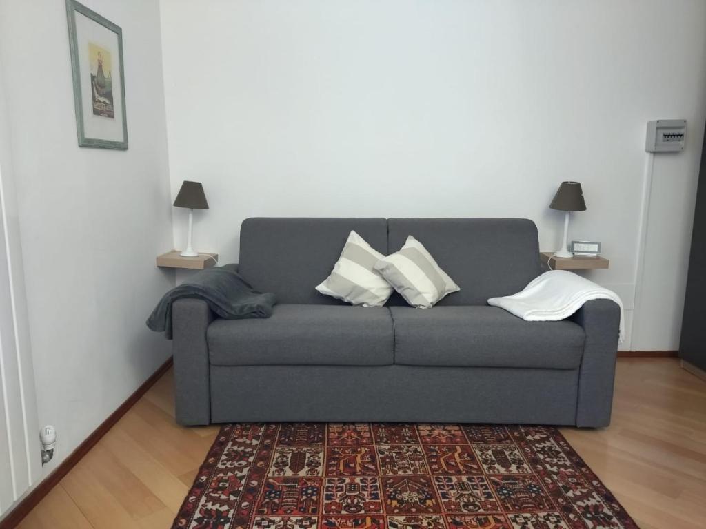 库马约尔Chezmoi的客厅配有带枕头的灰色沙发