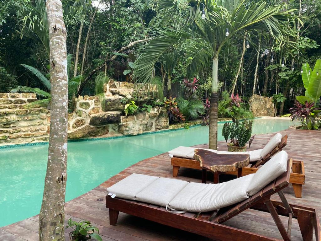 巴卡拉尔Xoot Ka’Ana villa fantasía的一个带2张躺椅的游泳池的度假酒店