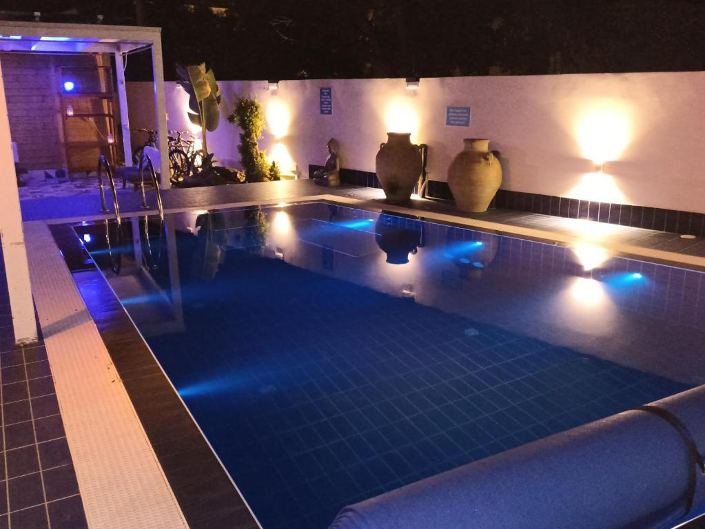 塔兰托Aparthotel Masseria Villa Marchesi的夜间游泳池,灯光照亮