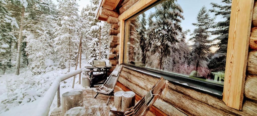 罗瓦涅米Cozy Log Cabin by Invisible Forest Lodge的小屋的窗户,有雪覆盖的森林