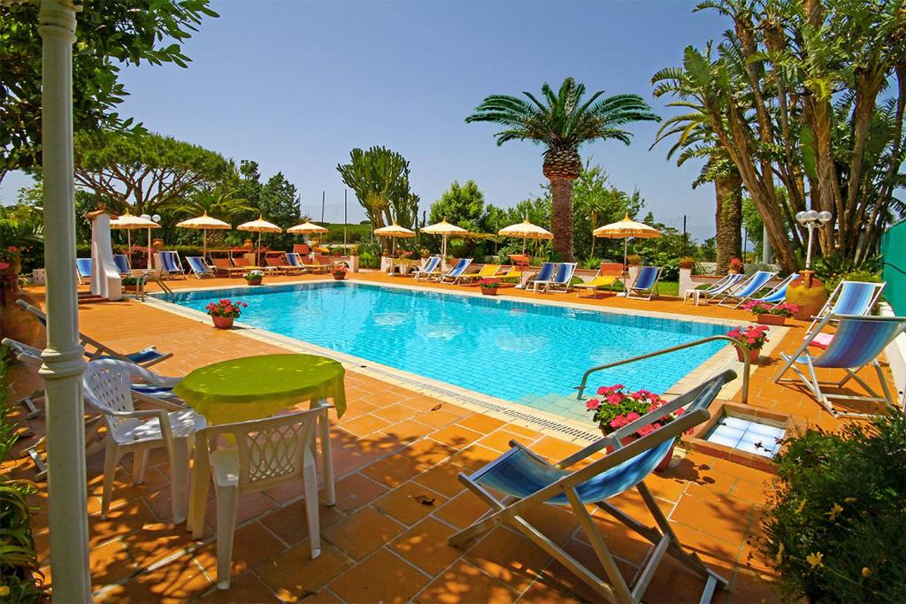 伊斯基亚卡里托公园酒店的一个带椅子和遮阳伞的大型游泳池